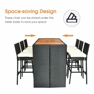 COSTWAY 7 PCS Patio Rattan Wicker Bar Dining Furniture Set Wood Table Top 6 Stools 8 COSTWAY 7 PCS Patio Rattan Wicker Bar Dining Furniture Set Wood Table Top 6 Stools - Image 6