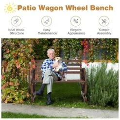 Costway Outdoor Wooden Wagon Wheel Garden Bench 2-Person Slatted Seat Armrests Rustic -Costway GUEST f1f4f3f7 7fa0 4688 8898 9989c7ba39f4
