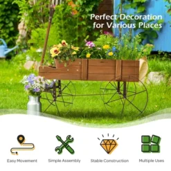 Costway Garden Plant Planter Wooden Wagon Planter W/ Wheel Garden Yard -Costway GUEST f252031c f50f 484b 9240 52efc8f951cd