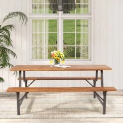 Costway Acacia Wood Patio Picnic Table Bench Set With 71'' Tabletop ＆ 2'' Umbrella Hole -Costway GUEST f2a163e0 0ed5 4122 b3e9 243b7c3ad53b