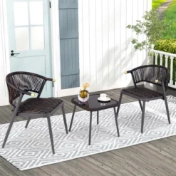 Costway 3 PCS Patio Rattan Furniture Set With Tempered Glass Tabletop Wicker Seat