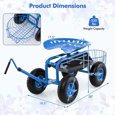 Costway Garden Cart Rolling Work Seat Wagon Scooter For Planting With Extendable Handle Blue/Red/Green 4 Costway Garden Cart Rolling Work Seat Wagon Scooter For Planting With Extendable Handle Blue/Red/Green - Image 2