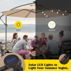 Costway 10' Hanging Solar LED Umbrella Patio Sun Shade Offset Market W/Base Beige -Costway GUEST f40fcc4a 1f14 47dc 8c59 6c61c59cba70