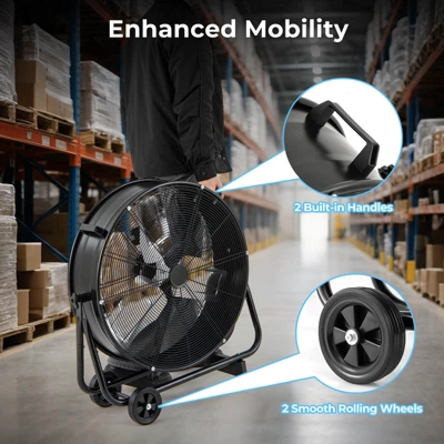 Costway 24 Inch Industrial Drum Fan With 3 Speeds 360° Adjustable Tilt & 2 Wheels For Garage Warehouse Factory 8 Costway 24 Inch Industrial Drum Fan With 3 Speeds 360° Adjustable Tilt & 2 Wheels For Garage Warehouse Factory - Image 6