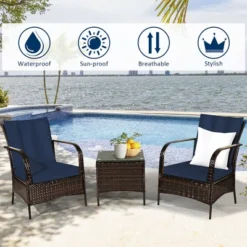 Costway 3 PCS Patio Rattan Furniture Set Coffee Table & 2 Rattan Chair W/Navy Cushions -Costway GUEST f5187713 29e1 4a1a 8075 c3abab526adf