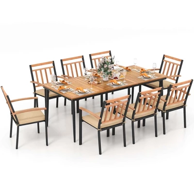 Costway 9 PCS Patio Dining Set 79" Rectangle Dining Tables With 8 Wooden Armchairs 3 Costway 9 PCS Patio Dining Set 79" Rectangle Dining Tables With 8 Wooden Armchairs