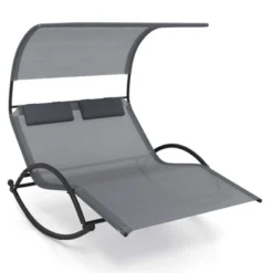Costway Outdoor Dual Rocker Sunbed 2-Person Canopied Lounger With 2 Detachable Headrests