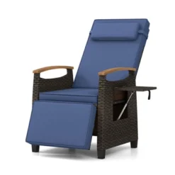 Costway 1/2 PCS Patio Wicker Recliner Chair With Adjustable Backrest Footrest Flip Side Table Navy