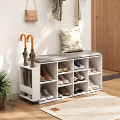 Costway Wooden Shoe Bench 10-Cube Storage Organizer With Padded Cushion & Umbrella Holder White/Brwon