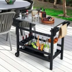 Costway Movable Outdoor Dining Cart Table With Stainless Steel Tabletop, Seasoning Tray