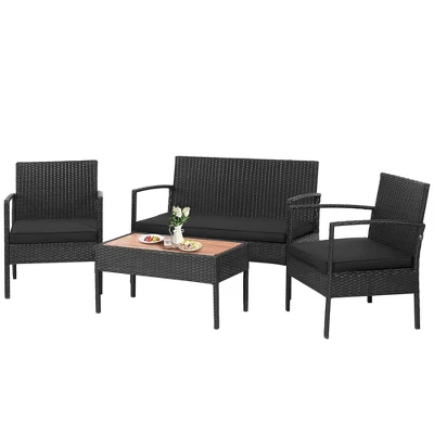 Costway 4PCS Patio Rattan Furniture Set Cushioned Chair Wooden Tabletop Black 11 Costway 4PCS Patio Rattan Furniture Set Cushioned Chair Wooden Tabletop Black - Image 9