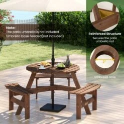 Costway 6-Person Round Picnic Table Set With 3 Built-in Benches 2" Umbrella Hole, Brown/Yellow -Costway GUEST f7ce586f ebdf 4273 88b9 99d6882f0ac8