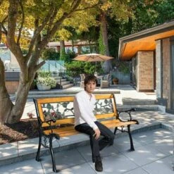 Costway Patio Park Garden Bench Porch Chair Outdoor Deck Cast Iron Hardwood Rose -Costway GUEST f7d294ac be54 45fc a9bf 7e8912796439