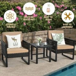 Costway 3PCS Patio Rattan Bistro Furniture Set Cushioned Sofa Chair Coffee Table Garden -Costway GUEST f8812323 03d5 4e14 a67b df0f109d4456