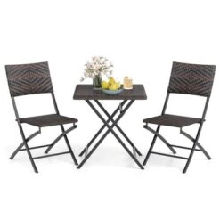 Costway 3 PCS Rattan Bistro Set With Wicker Seat & Tabletop For Backyard, Garden, Balcony