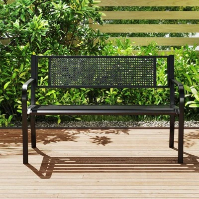 Costway 50" Garden Bench With Patterned Backrest And Curved Armrests For Porch Lawn 6 Costway 50" Garden Bench With Patterned Backrest And Curved Armrests For Porch Lawn - Image 4
