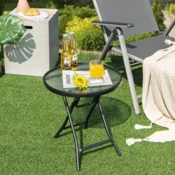 Costway Patio Folding Round Glass Side Table Bistro Coffee Table Plant Stand -Costway GUEST fa16a356 9dca 404d a1a7 c3573fdbbd9e