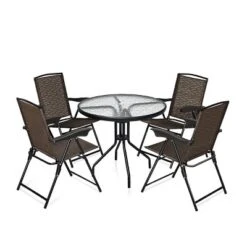 Costway 5PC Bistro Outdoor Patio Furniture Set Glass Table W/4 Folding Adjustable Chairs