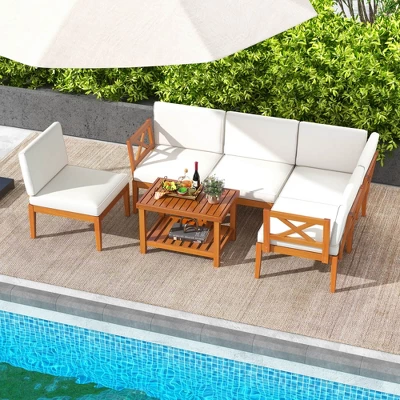 Costway 6 PCS Acacia Wood Patio Furniture Set With Cushions And 2-Tier Coffee Table 12 Costway 6 PCS Acacia Wood Patio Furniture Set With Cushions And 2-Tier Coffee Table - Image 10