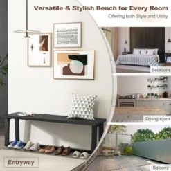 Costway 56.5"L Large Wood Dining Bench With Metal Frame Adjustable Footpads For Kitchen Black/Coffee -Costway GUEST faf9e1cc 3f71 48ea 8b14 0a38c5592472