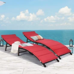 Costway 2PCS Patio Rattan Folding Lounge Chair Stackable Double Sided Cushion Outdoor Red -Costway GUEST fb89d1ec 8a44 475a 85d7 3beb30ea68c0