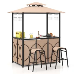 Costway 3 PCS Patio Bar Set With Tempered Glass Bar Table Metal Storage Shelves For Garden Brown/Grey -Costway GUEST fbc2aeee 5439 4d88 bd52 602881abc450