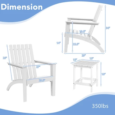 Costway 3PCS Patio Adirondack Chair Side Table Set Solid Wood Garden Deck White 5 Costway 3PCS Patio Adirondack Chair Side Table Set Solid Wood Garden Deck White - Image 3