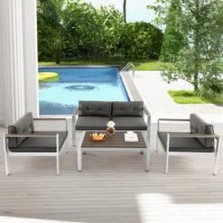 Costway 4 PCS Patio Aluminum Sofa Set Coffee Table Cushioned Loveseat Chair WPC Armrests -Costway GUEST fd266cfd d96f 48a9 bc27 1b96119fd56c