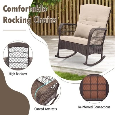 Costway 3 PCS Patio Rocker Set Outdoor Wicker Rocking Chairs With Double-Layer Coffee Table Gray/Navy/Beige/Red 7 Costway 3 PCS Patio Rocker Set Outdoor Wicker Rocking Chairs With Double-Layer Coffee Table Gray/Navy/Beige/Red - Image 5