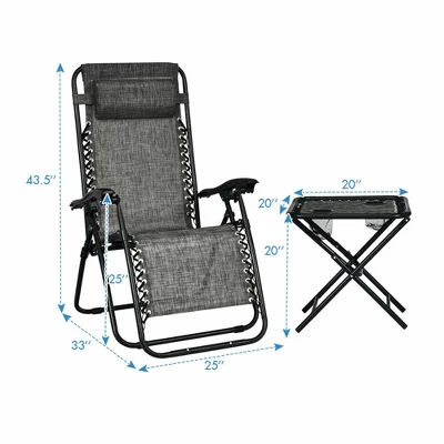 Costway 3PCS Zero Gravity Recliner Lounge Chairs Pillows Table Portable Folding Grey 3 Costway 3PCS Zero Gravity Recliner Lounge Chairs Pillows Table Portable Folding Grey
