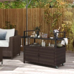 Costway Outdoor Bar Cart With Tempered Glass Top Storage Cabinet & 8 Hooks For Porch Brown/Gray -Costway GUEST fd726683 f314 47a0 8132 58b3f778162a