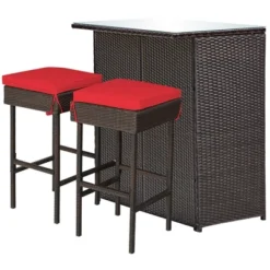 Costway 3PCS Patio Rattan Wicker Bar Table Stools Dining Set Cushioned Chairs Garden Red -Costway GUEST fe63f5b1 9b7e 4c98 8b92 7c12accb1f6d