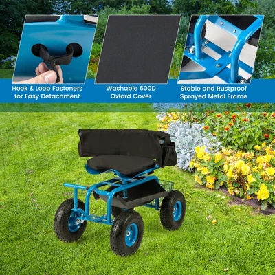 Costway Rolling Garden Cart Outdoor Gardening Workseat WithAdjustable Height &Tool Storage Green/Blue/Red 11 Costway Rolling Garden Cart Outdoor Gardening Workseat WithAdjustable Height &Tool Storage Green/Blue/Red - Image 9