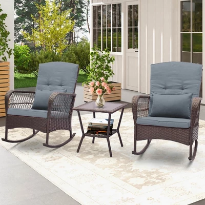 Costway 3 PCS Patio Rocker Set Outdoor Wicker Rocking Chairs With Double-Layer Coffee Table Gray/Navy/Beige/Red 13 Costway 3 PCS Patio Rocker Set Outdoor Wicker Rocking Chairs With Double-Layer Coffee Table Gray/Navy/Beige/Red - Image 11