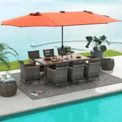 Costway 11 PCS Patio Dining Set With 15 Ft Double-Sided Patio Umbrella 8 Armchairs Blue/Beige/Orange/Wine -Costway GUEST ff60527c 7bd1 4e0d ada7 da94efa670a3